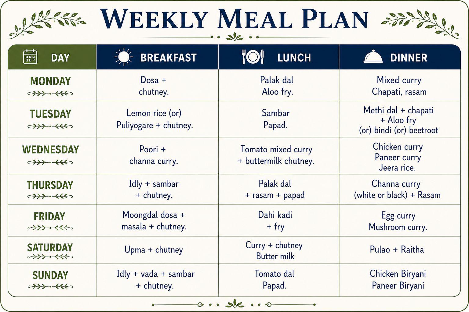 Weekly meal plan
